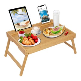 Asuthzon Bed Tray Table with Foldable Legs, Breakfast Food Trays for Eating on Couch with Media Slot for Bed, Eating, TV Tray, Kitchen Serving Tray(Bamboo, Medium)