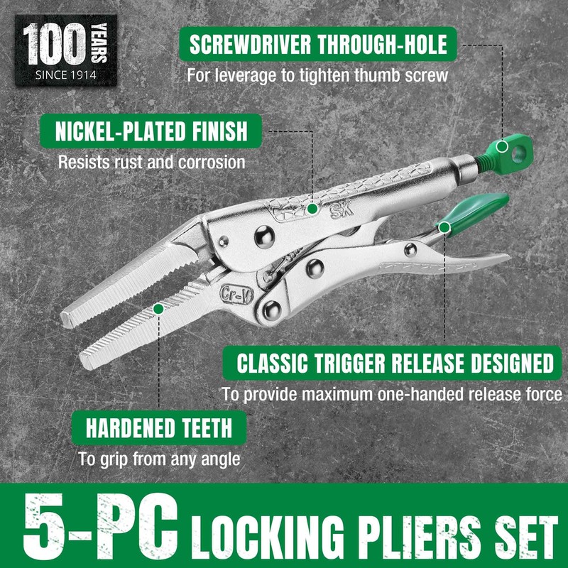 SK 5-Piece Locking Pliers Set, Long Nose & Curved Jaw