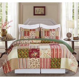C&F Home Ember 3 Piece Green Red and Tan Patchwork King Quilt Set Quilt and Sham Bedding Set King 3 Piece Set Green