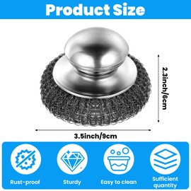 4 Pcs Steel Wool Scrubber with Handle Heavy Duty Metal Pot Scrubber Brush 16 Pcs Stainless Wool for Cleaning Dishes Pans Steel Scouring Pad for Kitchen Cast Iron Sink Griddles Grills