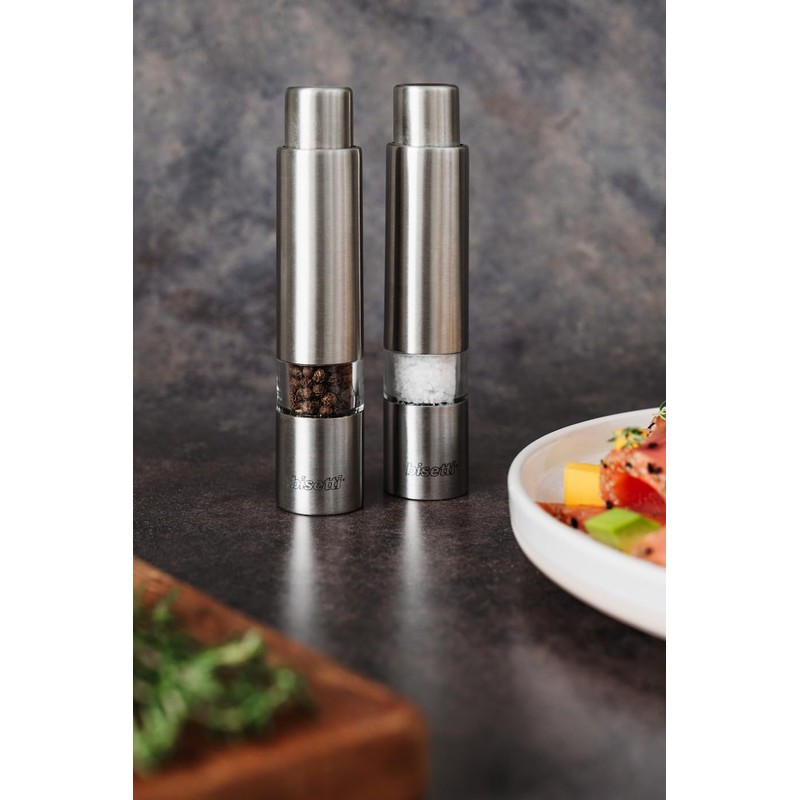 Bisetti Push Button Stainless Steel and Acrylic Salt Mill Grinder,