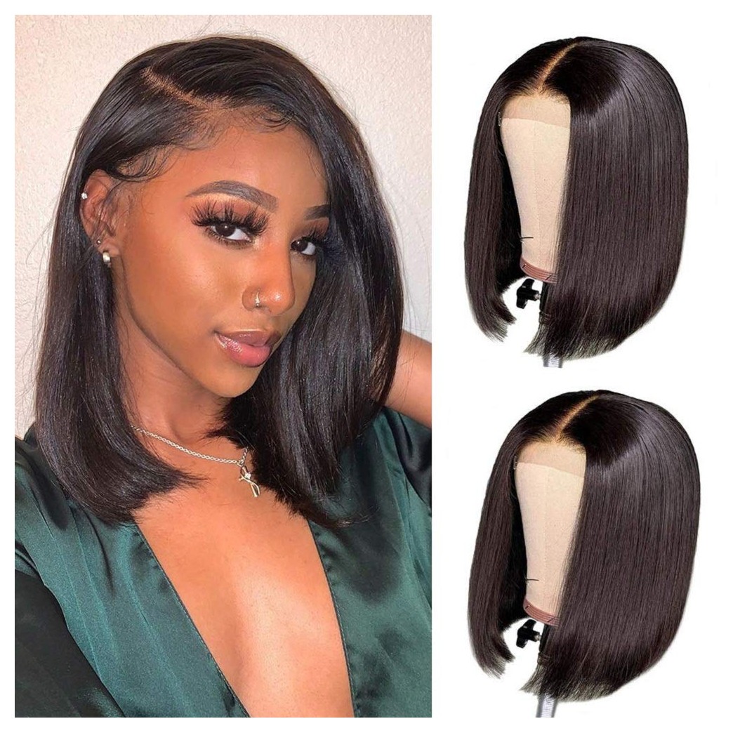 Lace Front Human Hair Wigs 4x4 Lace Closure Short Bob Straight Wigs Human Hair Bob Wig Brazilian Virgin Real Hair Wigs for Women Natural Color Lace Closure Wig (14 inch, 150% Density)
