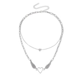 RTY Love Heart Angel Wing Choker Necklace Layered Heart Pendant Necklace Boho Women Guardian Angel Necklace Gift