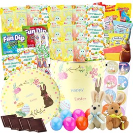 Easter Snack Yellow Tin (60 Count) Filled with Candy, Chocolates, Peelable Gummies,Bunny and More, Great Package for Family, Friends, Boys and Girls