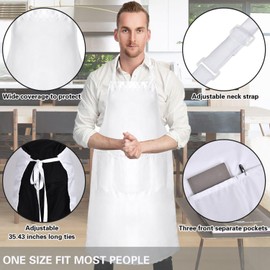 Morwealth Set of 4 Cooking Apron Sets, White Kitchen Apron and Chef's Hat for Men and Women, Adjustable Apron with 3 Pockets for Kitchen, Cooking, Baking, BBQ