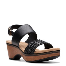 Clarks Women's Seannah Step Wedge Sandal, Black Leather, 7