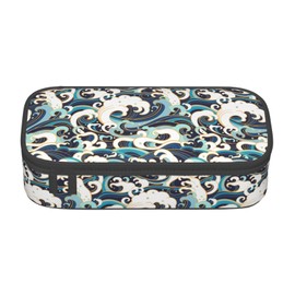 Aoojanu Japanese Ocean Waves Large Pencil Case With Zipper Compartments Stationery Pencil Bag For Kids Teens Students School Supplies