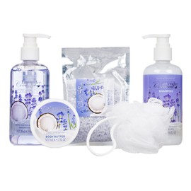 Scents of Collinwood - 5 Piece Women’s Attractive Lavender Coconut Scent Bath Box Set - Includes Shower Gel, Shampoo, Body Butter, Bath Salts and a Bath Puff, Purple