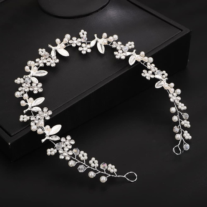 Teyglen Bridal Wedding Flower Leaf Headband Hair Vine Silver Crystal