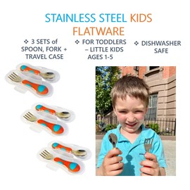 kinsho Kids Utensils Juego De Cubiertos Para Niños Pequeños X 3 Cuchara De Tenedor De Acero Inoxidable con Estuche De Viaje. Cubiertos Metalicos Bebe Niño Niña 1 2 3 4 Años Mango Redondo Para Fiambr