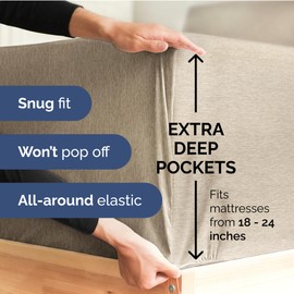 Extra Deep Queen Fitted Sheet - Hotel Luxury Single Fitted Sheet Only - Easily Fits 18 inch to 24 inch Mattress - Ultra Soft, Wrinkle Free w/Extra Deep Pockets - Breathable & Comfy - Heathered Beige