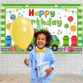 Lofaris Garbage Truck Happy Birthday Banner – Kids' Trash Truck Birthday Decorations, Green Truck Party Supplies, 70.8x43.3 Inches, Fun Backdrop & Party Banner for Boys