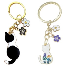 Satiskid 2Pcs Cute Cat Keychain for Women - Japanese Style Enamel Flower Cat Keyring, Kawaii Bag Charms for Purse, Backpack, Car Keys - Perfect Cat Gift for Girls (White and Black)​