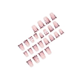 RIICFDD Duck Nails Press on Pink Wide French Tip Press on Nails with Duckbill Designs Fake Nails Bow Nail Charms Glue on Nails Full Cover Leopard Print False Nails for Women Nail Art Decor 24 Pcs
