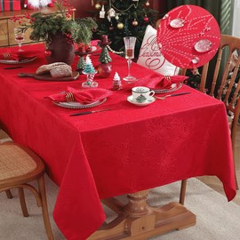 Jacquard Christmas Tablecloth Rectangle 152 x 213 CM, Waterproof Oil Proof Anti-Shrink Holly Leaves Damask Xmas Table Cloth, Fabric Table Cover for Kitchen Dining, Party, Indoor, Outdoor, Holiday, Red