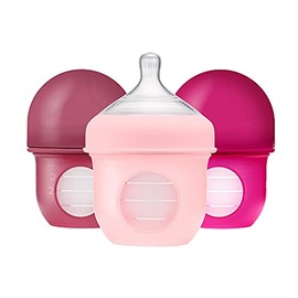 Boon NURSH Reusable Silicone Pouch Baby Bottles for Air-Free Feeding with Stage 1 Slow Flow Nipple, 4 Ounce (Pack of 3)