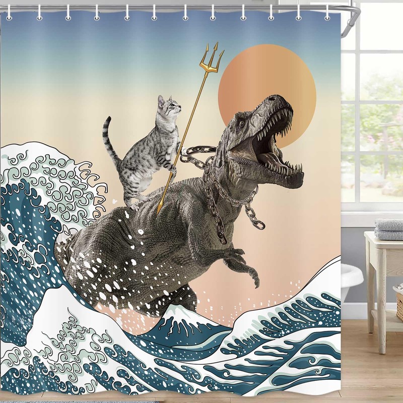 MCKTOM Funny Shower Curtain Cat Dinosaur Japanese Ocean Wave Shower