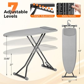 APEXCHASER Ironing Board, Compact Iron Board with Silicon Mat, Foldable Ironing Board with Heat Resistant Cover, 7 Height Adjustable, Space Saver Iron Board,13x43 Solid Grey
