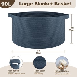 OIAHOMY 90L Large Blanket Basket with Handle, Blanket Storage for Living Room 23" x 23" x 13", Laundry Basket for Blankets, Pillows, Large Woven Rope Baskets for Kids, Dogs Toys - Blue