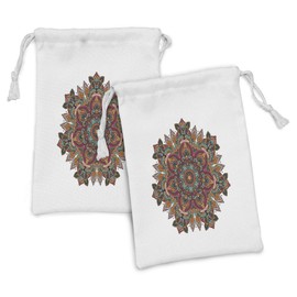 Ambesonne Mandala Fabric Pouch Set of 2, Mandala Design Unifying Centre Eastern Sign Pattern Print Artwork, Small Drawstring Bag for Toiletries Masks and Favors, 9" x 6", Multicolor