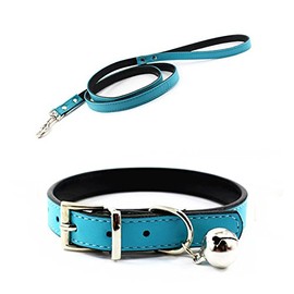 JIngwy Metal Buckle Pet Collar and Leash Set with Bell Suit for Cats or Puppy Dogs White/Black/Red/Pink/Blue/Brown (M (Collar + Leash), Blue)