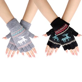 VEGCOO 2 Pairs Fingerless gloves,Women's Winter Gloves Women's Thermal Fingerless Gloves Knitted Warm Fingerless Touch Screen Typing Used for Outdoor Sports Driving Office (Black+Gray)