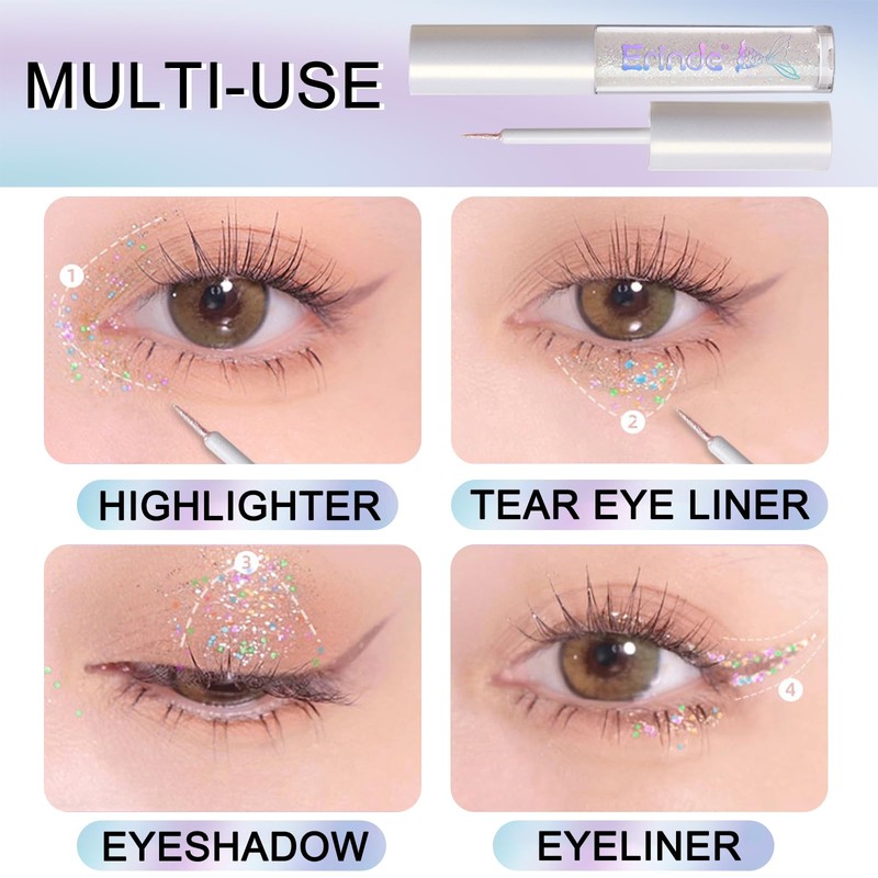 Erinde Liquid Eyeliner Eyeshadow, Glittery, Tear Bag, Glow, Large Glitter,