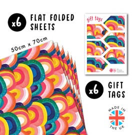 Rainbow Wrapping Paper - 6 Sheets Of Birthday Gift Wrap For Men Women Kids - Bright Rainbows - Friends Wrapping Paper - Comes With Stickers - By Central 23