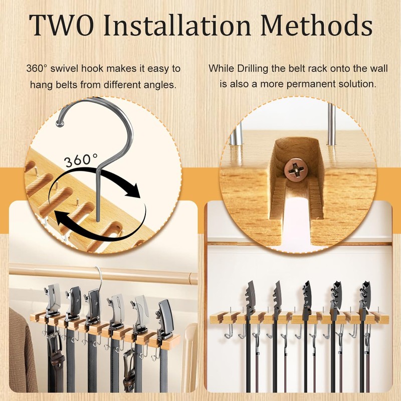 Wooden Belt Hanger for Closet 2-in-1 Wall Mount Belt Organizer