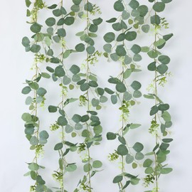 mizii 5 Packs 340" Artificial Vines Eucalyptus Garland Fake Vine with Silk Leaves Green Garland Faux Hanging Plants Greenery Decoration for Room Table Centerpieces Wedding Decor (Eucalyptus)