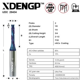 XDENGP Broca de compresión en espiral para CNC, diámetro de corte de 1/8 pulgadas y longitud de corte de 3/4 pulgadas vástago de 1/4 pulgadas con fresado de extremo de carburo recubierto NACO para tallar grabado ranurado