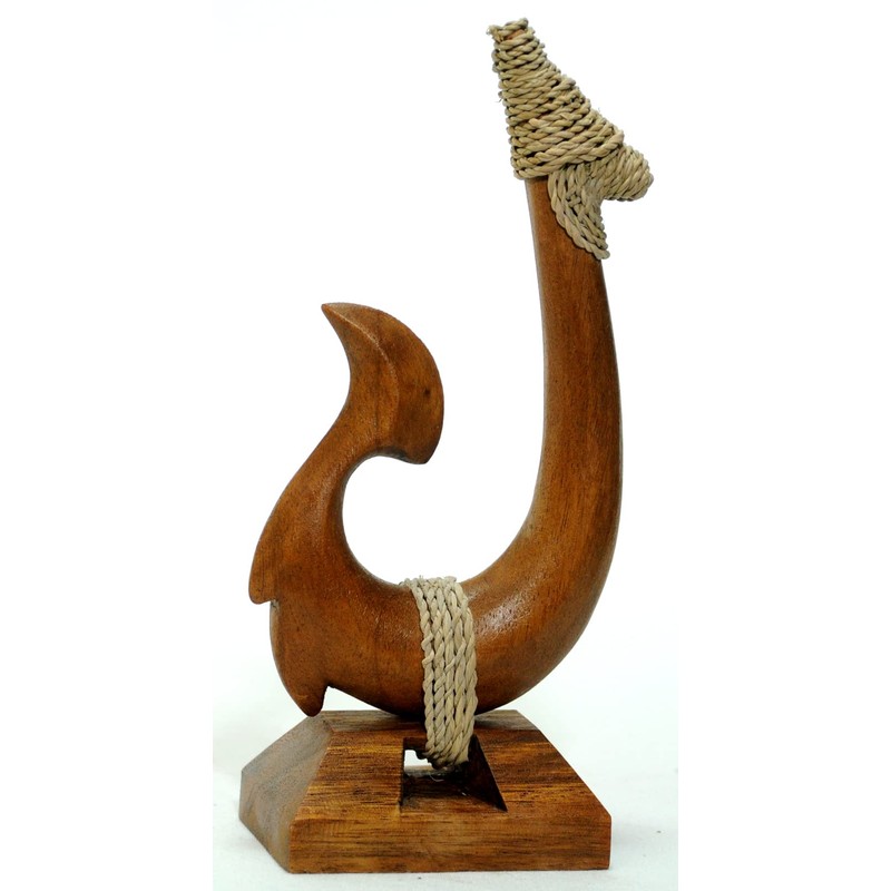 7" Hand Carved Wood Hawaiian Makau Fish Hook on Base