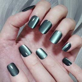 Press on Nails Square, Green Shimmery Fake Nail, Kit of 24 False Nails, 24 Adhesive Tabs and Tools