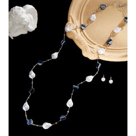 Errally Beaded Long Necklace and Earring Sets for Women Long Chunky Bead Necklace with Baroque Pearl and Crystal Costume Jewelry Set for Her(14-Navy Blue)