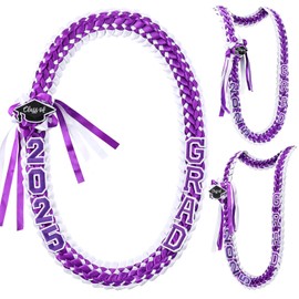 Hotop Grad Leis Class of 2025 Graduation Ribbon Double Braided Necklace Handmade Congrats Graduates Money Leis(Purple, White,1 Pcs)