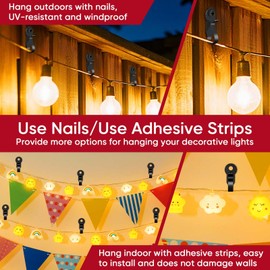 60 Pack String Lights Hooks, Stainless Steel Outdoor String Lights Hanger Clips with Screw & Adhesive Strips, Christmas Light Clips for Outside Holiday Decor, Fairy Led Lights Plants Wind Chimes Black