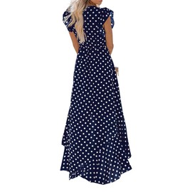 GRECERELLE Women's Summer Floral Print Cross V Neck Dress Bohemian Flowy Long Maxi Dress PD-Navy Blue-Medium