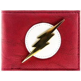 Animation Flash Suit Gold Metal Lightning Bolt Emblem Wallet Bi-Fold ID & Card Holder, Red