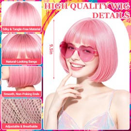 Pink Short Bob Straight Hair Wigs with Bangs, 11inch Synthetic Fiber Colorful Hair, Neon Heart-shaped Sunglasses and Wig Cap for Women, 80s 90s Costume, Halloween, Dress Up