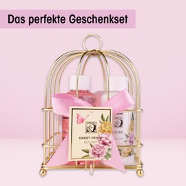 Accentra Sweet Peony Women's Shower Set in Beautiful Wire Basket - 3-Piece Care Set with Shower Gel, Body Lotion and Bath Sponge - Wellness Gift Set for Mother's Day and Valentine's Day