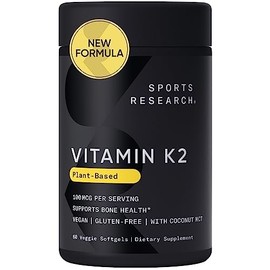 Sports Research Vitamin K2 as MK7 with Organic Coconut MCT Oil | Non-GMO Verified, Vegan Certified (60 Veggie-Softgels)