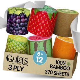 Gaias Premium and Soft FruiTP Organic Bamboo Toilet Paper | 6 Mega Rolls, 3 Ply, 370 Sheets | FSC Certified, PFAS & BPA Free, Eco-Friendly, Sustainable Tissue - Plastic Free Packaging, Septic Safe
