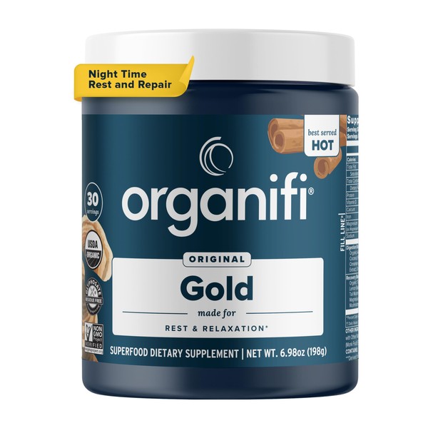 Organifi Gold - Natural Calming Turmeric and Reishi Mushroom Powder for Nighttime Tea - Promotes Relaxation and Restful Sleep - Incredible Taste and Aroma, 30 Servings