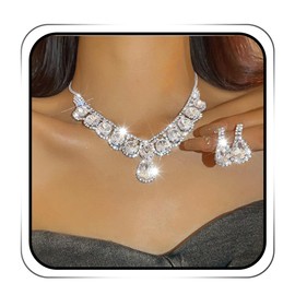 JEAIRTS Rhinestone Wedding Jewelry Set Silver Bridal Necklace and Earring Set for Brides