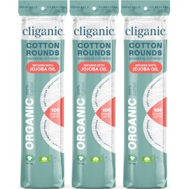 Cliganic Organic Cotton Rounds - Jojoba Oil Infused (300 Count) - Makeup Remover Pads, Hypoallergenic, Lint-Free | 100% Pure Cotton