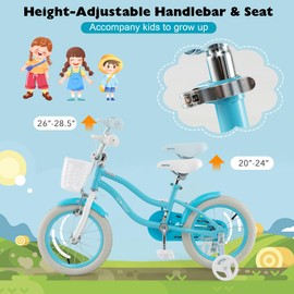 BABY JOY Kids Bike, 16 Inch Boys Girls Bike w/Adjustable Seat, Basket, Handbrake Coaster Brake, Training Wheels or Kickstand, Kids Bicycle with Multi-Color (Rose Red)