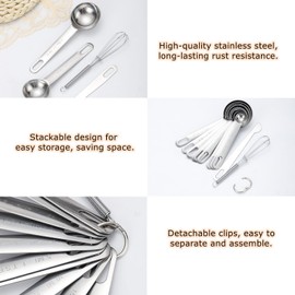 Eaykee Measuring Spoons Set with Leveler and Whisk, 8 Piece Stainless Steel Kitchen Gadgets, Fits in Kitchen Spice Jars for Baking & Cooking
