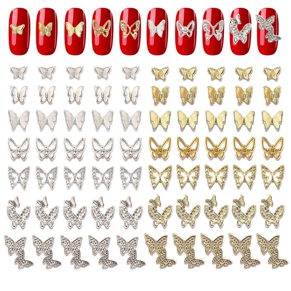 JERCLITY 70pcs 3D Gold and Silver Butterfly Nail Charms Nail Butterfly Charms for Nails Alloy Nail Gems Nail Charms for Acrylic Nails Butterfly Nail 3D Charms for Nails