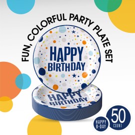 Exquisite Blue Happy Birthday Plates 7" Birthday Paper Plates 50 Pcs Blue Party Plate | Disposable Heavy Duty 350 Gsm Disposable Plate For Party Supplies And Decorations