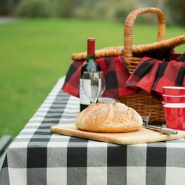 Asham Rectangular Tablecloth 60 X 104, Buffalo Check Plaid, Cream & Black, Fits 6-8 Seat Tables, 70% Cotton, 30% Polyester, Woven, Machine Washable